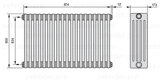 Схема (чертеж) Радиатор Zehnder Charleston 5090/19 №1270 Белый глянцевый RAL 9016